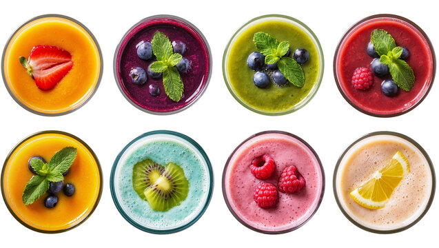 Assortment of colorful fruit smoothies in glasses with garnishes