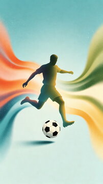Gradient Yellow Green Soccer Player Dribbling, Colorful Wavy Streamlines on Light Blue Background &ndash; For Creative Sports Poster & Dynamic Athletic Design