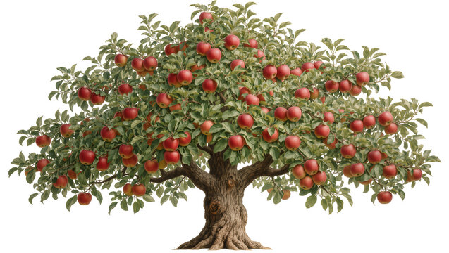 Mature apple tree laden with ripe red apples and green leaves