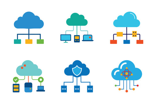 Set of cloud computing network icons. Data storage, security and connectivity vector illustration. 
