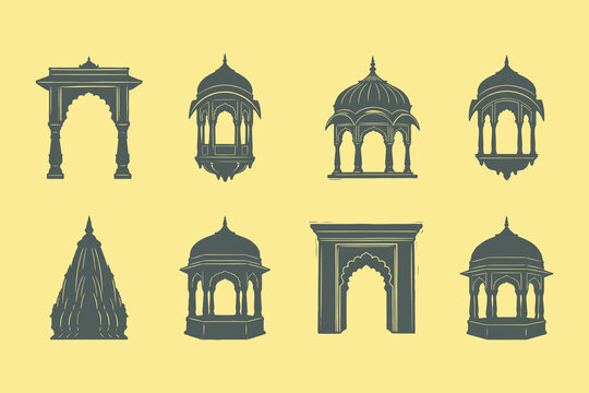 Indian Architectural Silhouettes of Arches and Temples