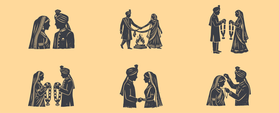 Indian Wedding Rituals Silhouette Icon Set - Traditional Hindu Marriage Ceremonies