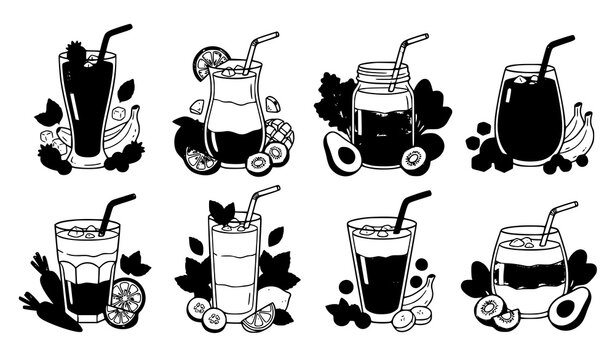 Healthy Fruit and Vegetable Smoothie Glasses Vector Set with Fresh Ingredients Ice Cubes and I'm currently working as an Adobe Stock Contributor. I want to create vector illustration Doodle Collection