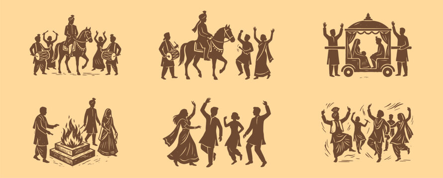 Traditional Indian Wedding Ceremony Illustration Set