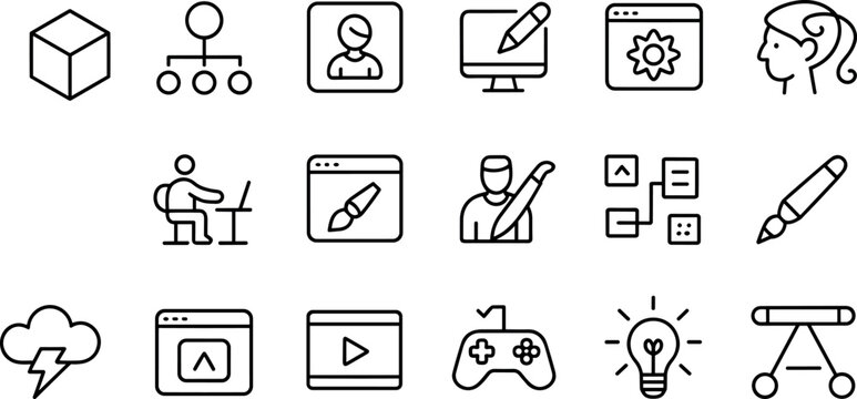 Graphic design digital art and web development line icon set featuring creative workflow UI UX gaming and artist portfolio elements