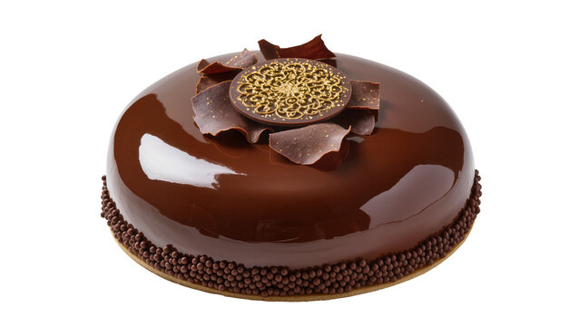 Glossy chocolate mirror glaze cake with chocolate pearls and gold decoration
