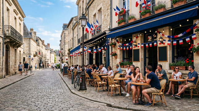 Historic European street alive with Bastille Day festivities. French flags adorn buildings as people enjoy al fresco dining on charming cobblestones