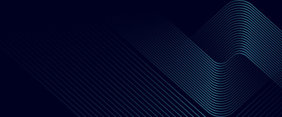 Naklejka premium Dark blue abstract background with glowing geometric lines. Modern shiny blue lines pattern. Futuristic technology concept. Horizontal banner template.