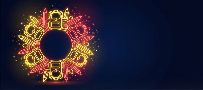 Red and Gold Back to School Circle Frame with Pencils Glowing on Dark Background, Copy Space