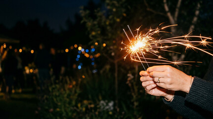 Sparklers held, illuminating the dark night with festive light, creating a magical atmosphere for an outdoor summer celebration, perfect for Bastille Day