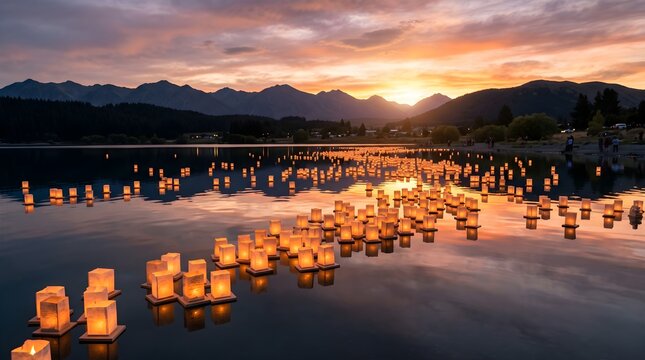 Floating lanterns on lake hayes at sunset queenstown new zealand