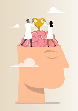 Mental health therapy and brain optimization vector concept, medical doctors winding up human mind for psychology, cognitive treatment illustration