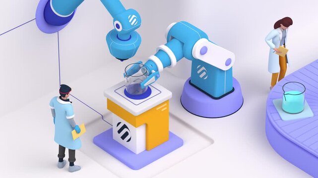 Isometric Automated Industrial Factory Assembly Line with Engineers Monitoring Robotic Arm 2D Animation