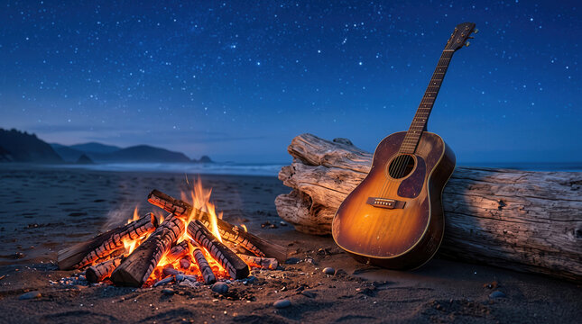 Chitarra acustica vicino al fal&ograve; sulla spiaggia di notte. Generative AI 