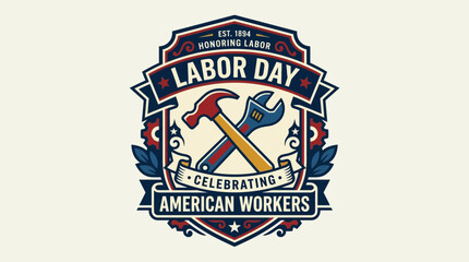 Naklejka premium Labor Day badge with hammer and wrench celebrating American workers