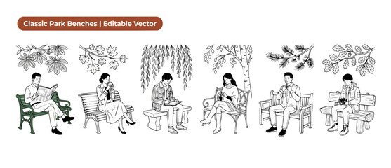 Fototapeta premium People sitting on park benches line art vector illustrations set of men and women relaxing outdoors under autumn trees, reading, drinking coffee, writing, and drawing in minimal hand drawn sketch styl