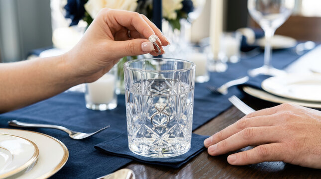 Woman holding a diamond engagement ring over a glass of water. Romantic dinner date proposal at a restaurant table