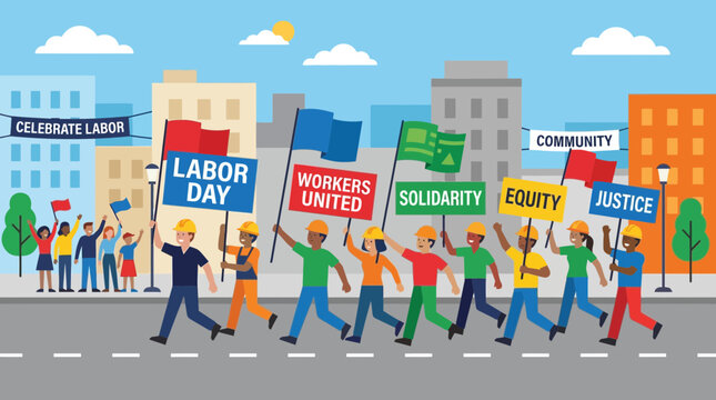 Workers marching with flags in a city celebrating Labor Day unity and solidarity