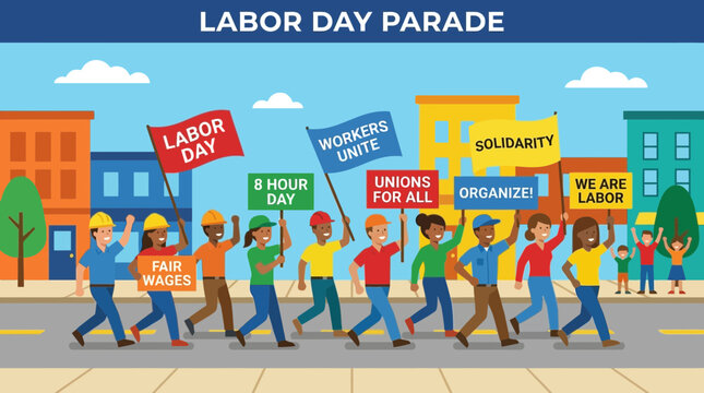 Workers marching with flags in a Labor Day parade on a city street