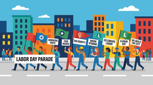 Workers marching with flags in a Labor Day parade through a city