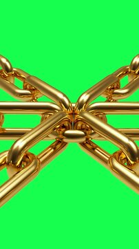 Interlocking golden chain links form a tight central knot while the camera shifts around the reflective metal structure on a bright green background, 3D render