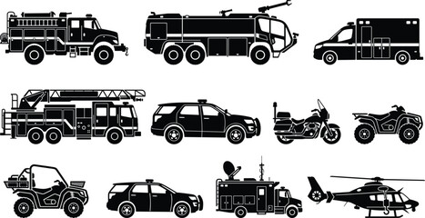 Emergency response transport and rescue vehicles black silhouettes vector graphic icons set isolated on white background © MstLata