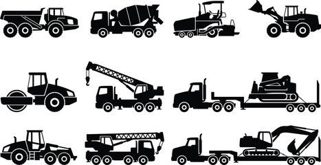 Heavy construction machinery and industrial vehicles black silhouettes vector graphic icons set isolated on white background © MstLata