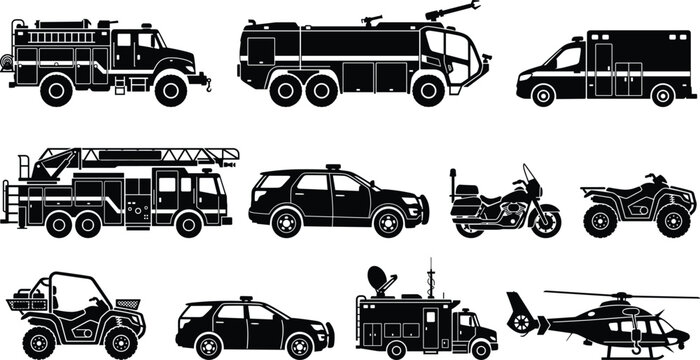 Emergency response transport and rescue vehicles black silhouettes vector graphic icons set isolated on white background