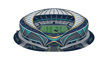 Modern Football Stadium Exterior View with Green Field and Futuristic Architecture © Suyat