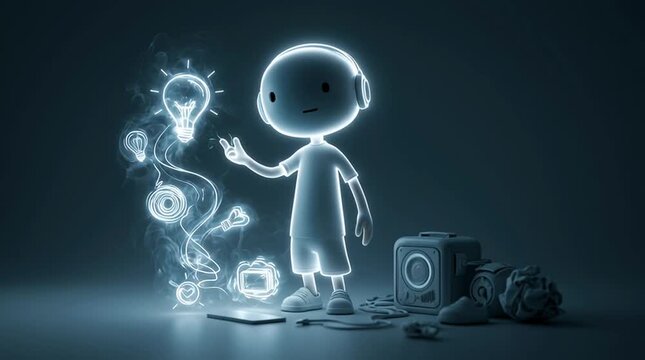 A humanoid character sketches glowing concepts in mid-air that gradually transform into real objects, illustrating innovation and product development in a seamless, futuristic animation loop.