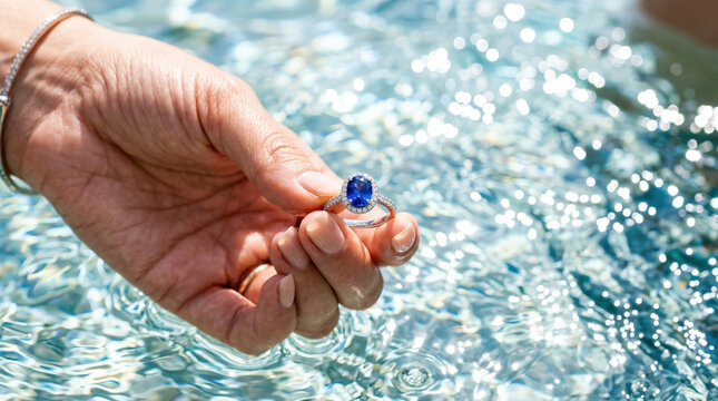 Woman holding a blue sapphire engagement ring over sparkling water. Close up of luxury jewelry with diamond halo. Summer proposal concept