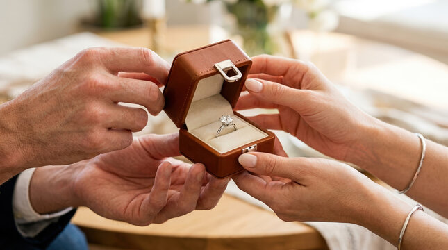 Close up of hands presenting a diamond solitaire ring in a leather box. Classic marriage proposal concept. Man proposing to woman with engagement ring