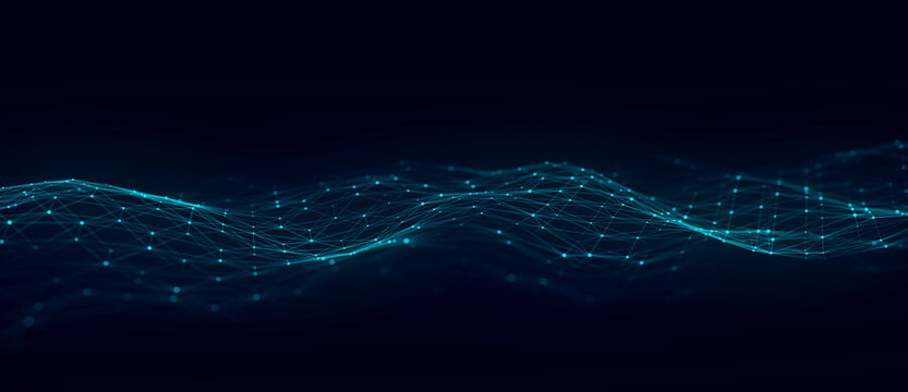 Digital hexagon dynamic wave of particles. Abstract blue futuristic background. Big data visualization. 3D rendering.