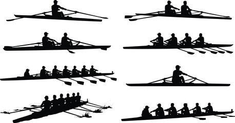 Rowing sport silhouette collection of athletes in single double four and eight scull boats isolated on white © MstLata
