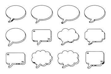 Fototapeta premium Set of black speech bubbles icon in flat design with long shadow on transparent. with quotes and shadow. Collection of message signs, blank templates.