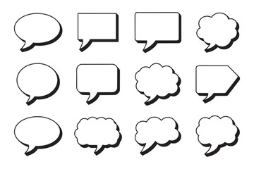 Fototapeta premium Set of black speech bubbles icon in flat design with long shadow on transparent. Collection of message signs, blank templates for quotes.