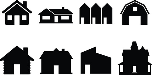 Set of black building and house silhouettes including residential homes barn log cabin and modern structures © MstLata