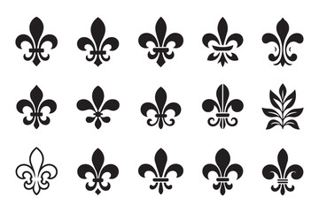 Group of ornate fleur de lis symbols in varied black designs. Classic heraldic and decorative vector elements. © Vectors-Stock