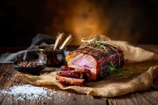 Rustic Smoked Pork Loin with Herbs on Wooden Table .AI Generative