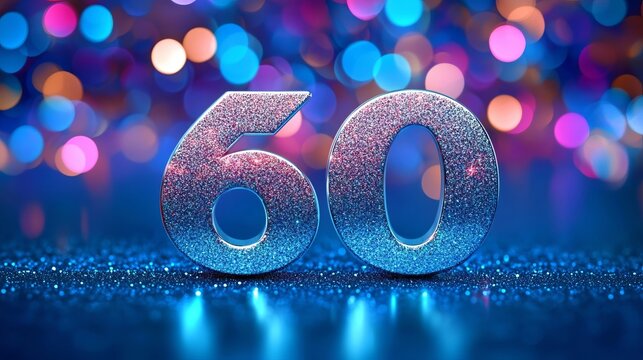 Bright Silver Metallic Number 60 on a Vibrant Shiny Blue Backdrop with Sparkling Party Celebration