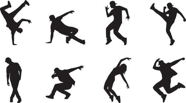 Set of black silhouette hip hop and breakdance icons featuring dynamic street dancers on white background