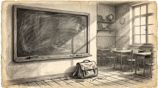 Hand drawn sketch of empty classroom interior with chalkboard classroom blackboard schoolbag education illustration learning academic chalkboard interior schoolroom supplies historic
