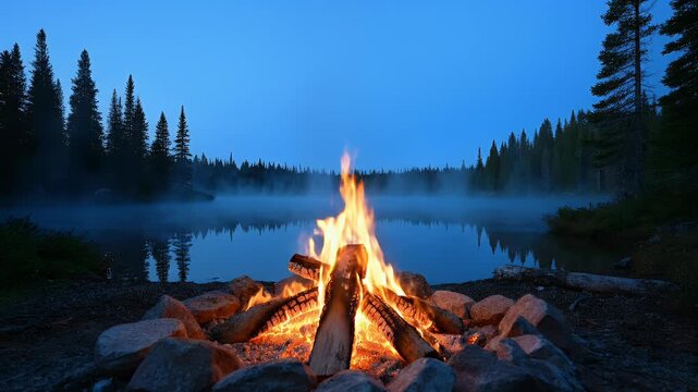 Campfire burning by a misty lake surrounded by pine forest at dusk