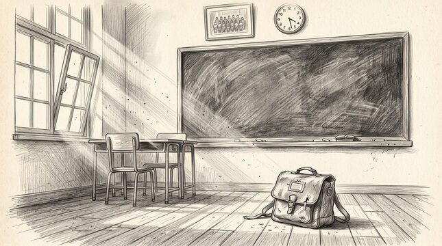 Detailed pencil sketch of empty classroom and satchel with classroom blackboard schoolbag education illustration learning academic chalkboard interior schoolroom supplies historic artistic