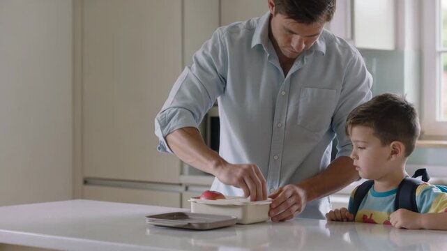 Opening lunchbox, dad packing sandwich, apple, oranges for class in kitchen, blue shirt, copy space