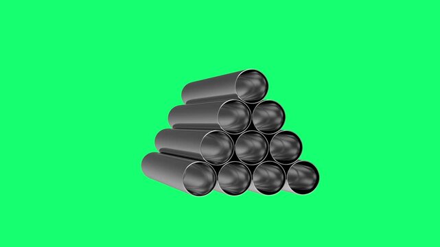 Stacked metallic pipes rotate and shift between dark and silver finishes on a green chroma key background in 3D animation