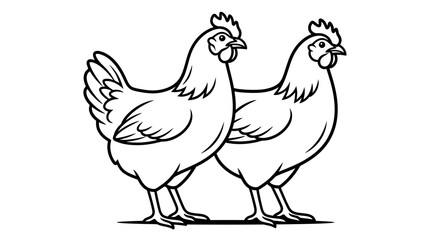 Two Chickens Line Art Illustration - Farm Animals Black and White © Suyat