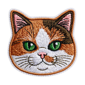 Embroidered cat patch with green eyes and detailed stitching creating warm texture and charm
