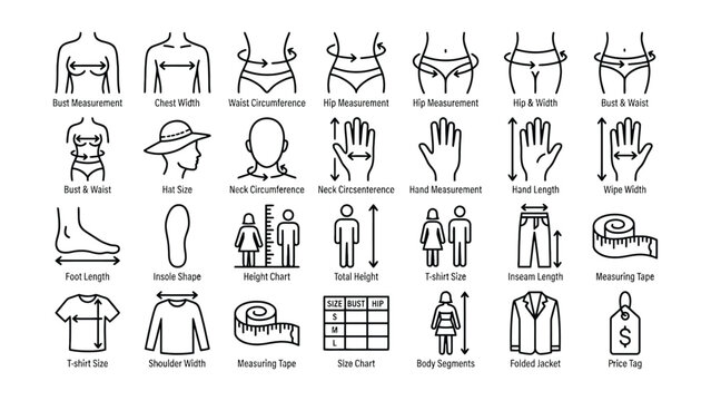 Black and white line icons for clothing and body measurements  various sizes and charts  fashion and apparel  human body parts
