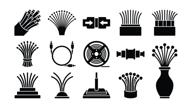 Black cable and fiber optic connector symbols and icons on white background for technology and communication concepts  various cable connections